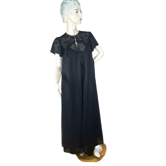 1960s black peignoir negligee in nylon and lace by Shadowline Size S/M - Picture 6 of 10